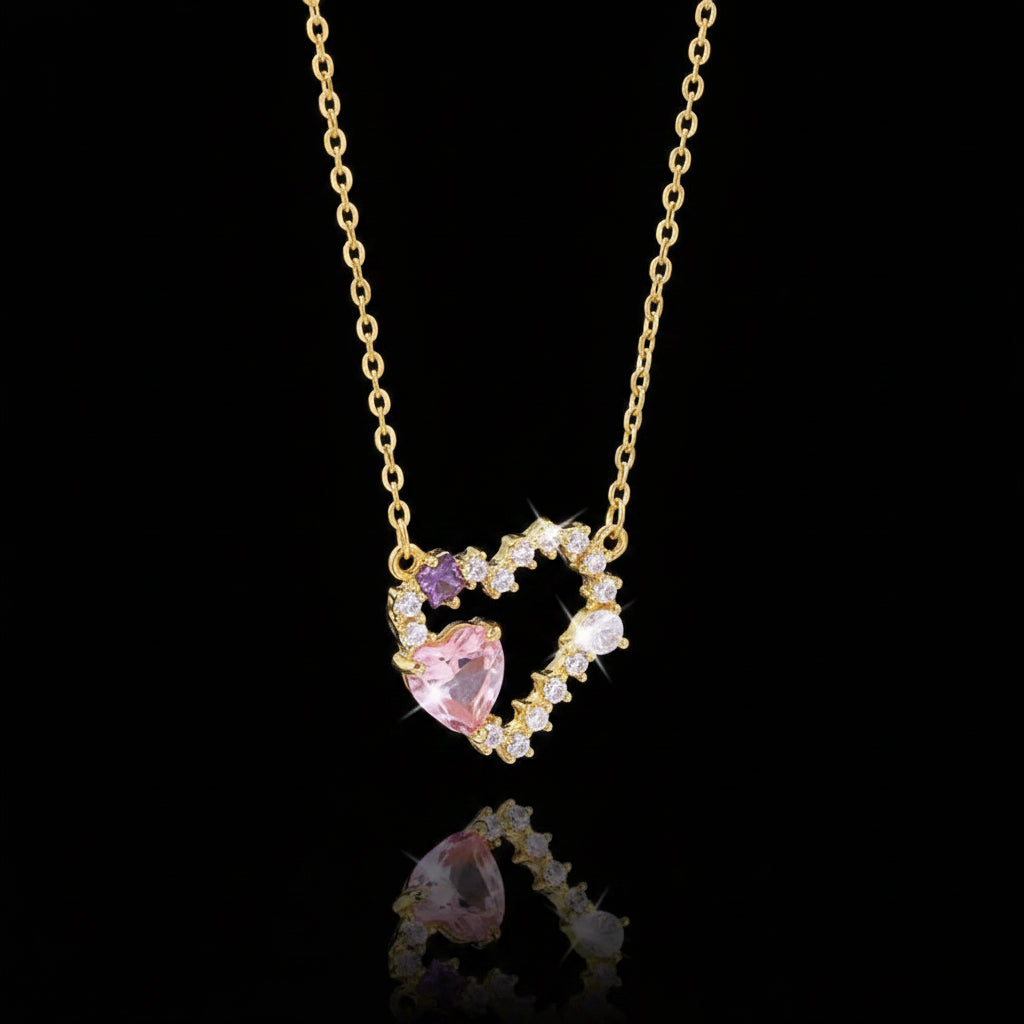 Collier Pendentif Cœur – Zircon Rose & Violet, Plaqué Or 18K