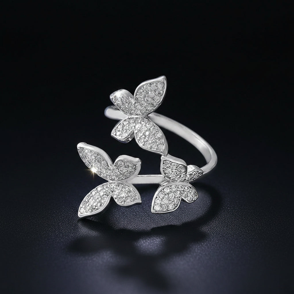 Bague Double Papillon – Zircon Pavé & Plaqué Argent