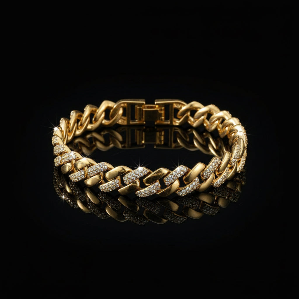 Bracelet Chaîne Trombone Plaqué Or 14K Zircon Cubique - Style Montre Chunky Ajustable