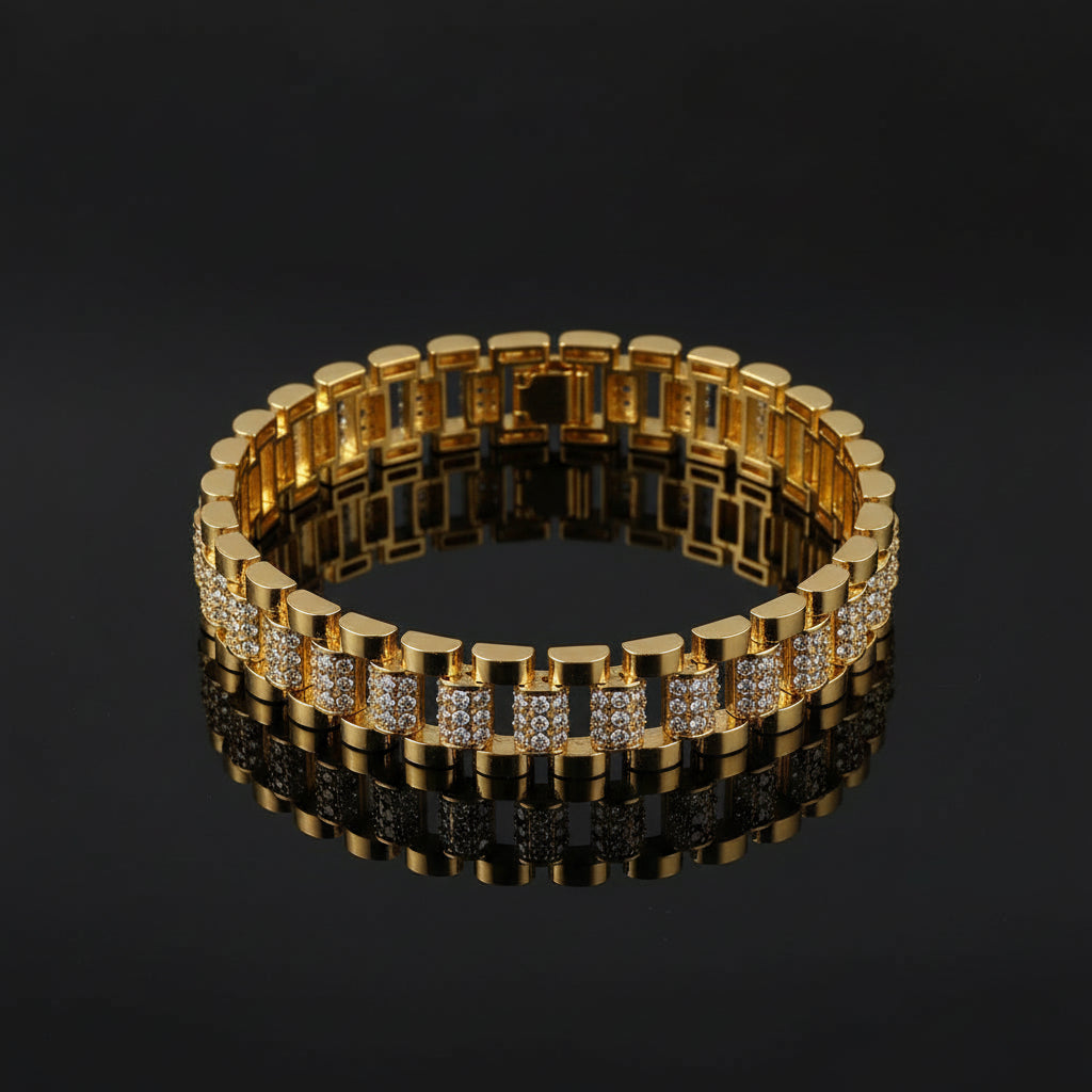 Bracelet Chaîne Trombone Plaqué Or 14K Zircon Cubique - Style Montre Chunky Ajustable