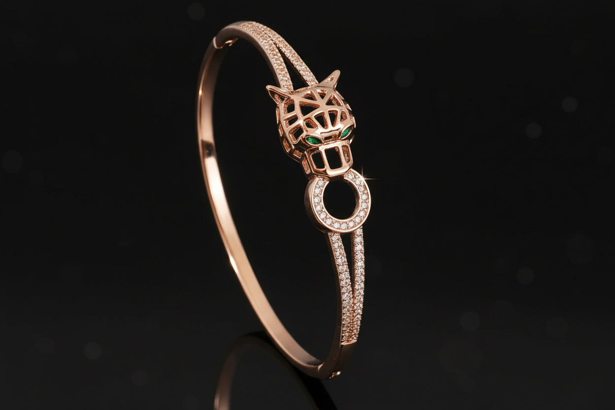 Bracelet Jonc Serpent & Tigre Acier Inoxydable Doré - Zirconia Femme Style Animal