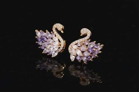 Boucles d'Oreilles Cygne Zircon Cubique - Clous Luxe Micro-serti Cuivre