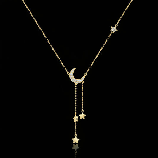 925 Sterling Silver Gold Plated Necklace - Moon and Star Zircon Pendant for Women
