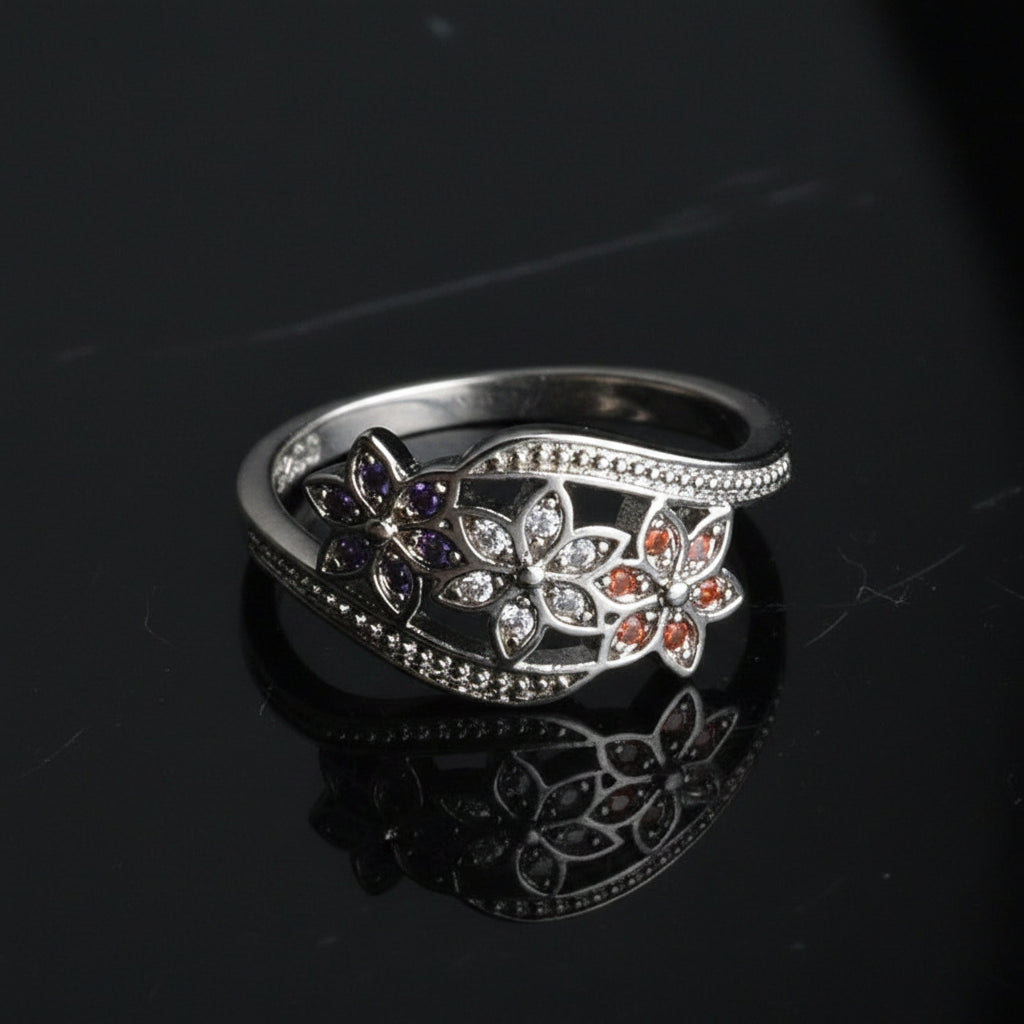 Bague Triple Fleur Multi-Pierres — Plaqué Argent | Style Vintage & Élégant