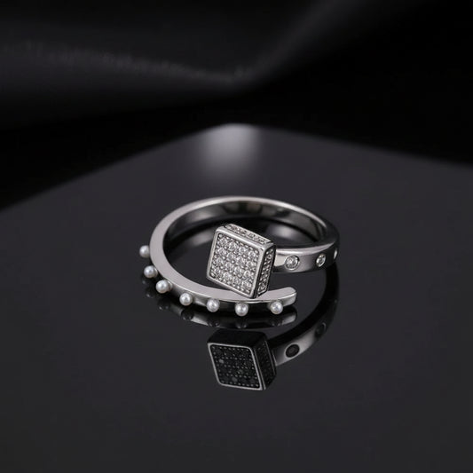 Bague Ouverte Carré Sucre Pavé Zircon & Perle — Plaqué Argent | Délicate & Romantique