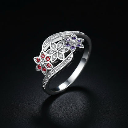 Bague Triple Fleur Multi-Pierres — Plaqué Argent | Style Vintage & Élégant