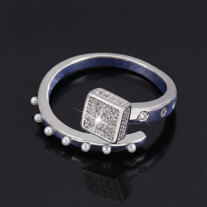 Bague Ouverte Carré Sucre Pavé Zircon & Perle — Plaqué Argent | Délicate & Romantique