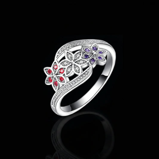 Bague Triple Fleur Multi-Pierres — Plaqué Argent | Style Vintage & Élégant