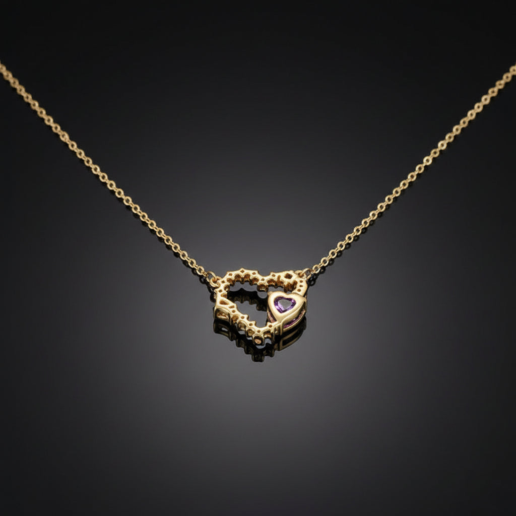 Collier Pendentif Cœur – Zircon Rose & Violet, Plaqué Or 18K