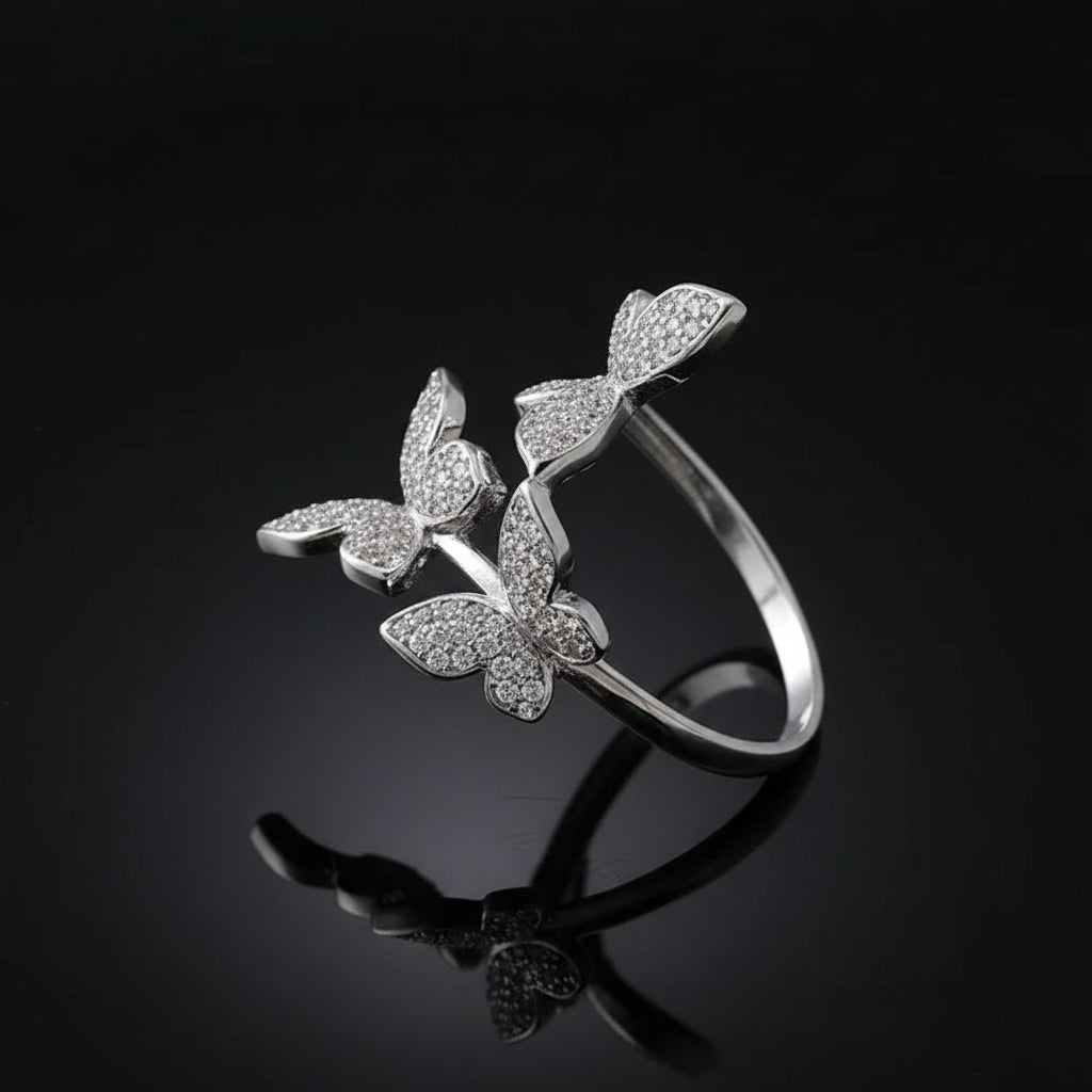 Bague Double Papillon – Zircon Pavé & Plaqué Argent