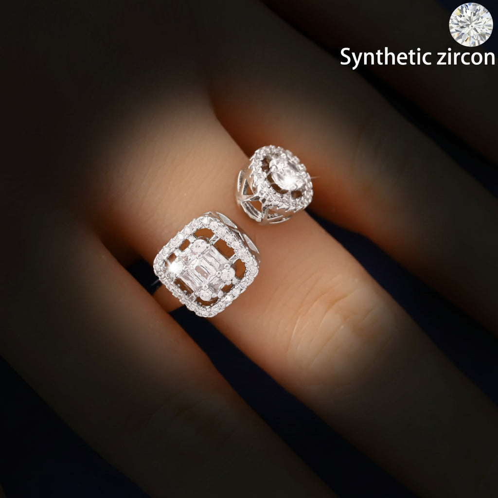 Bague Ouverte Double Cercle Pavé Zircon — Plaqué Argent | Délicate & Élégante