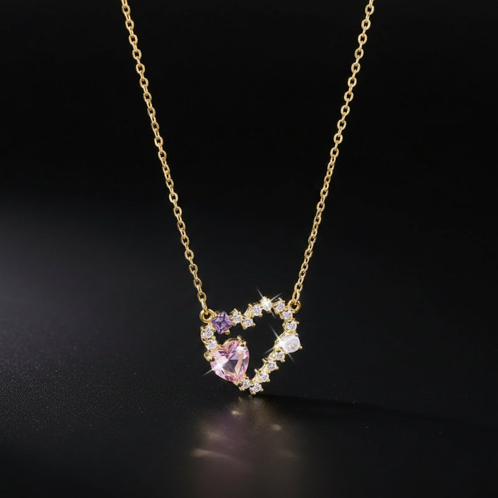 Collier Pendentif Cœur – Zircon Rose & Violet, Plaqué Or 18K