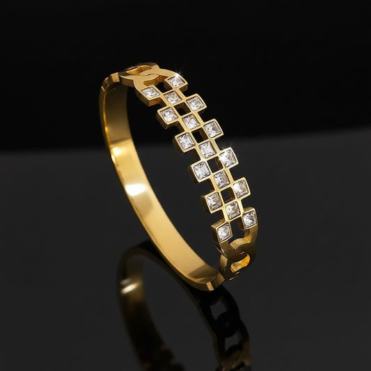 Bracelet Manchette Zircon Géométrique Acier Inoxydable Waterproof - Empilable Femme