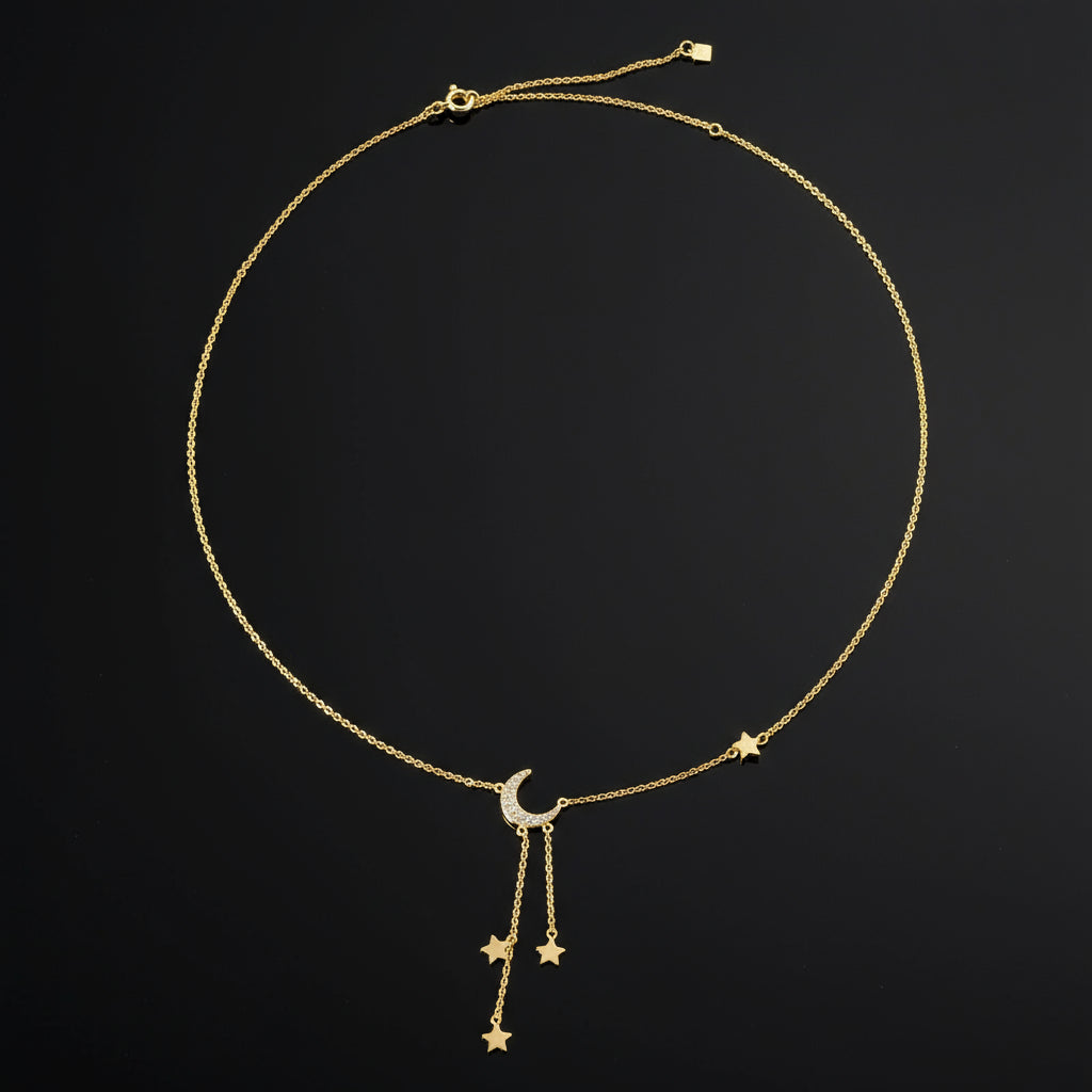 925 Sterling Silver Gold Plated Necklace - Moon and Star Zircon Pendant for Women
