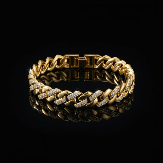 Bracelet Chaîne Trombone Plaqué Or 14K Zircon Cubique - Style Montre Chunky Ajustable