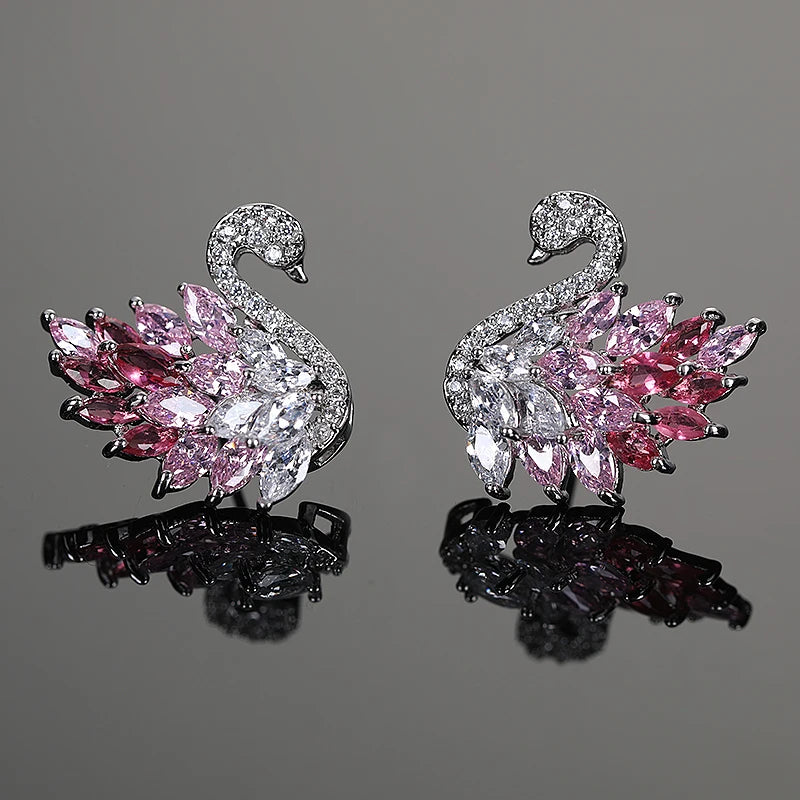 Boucles d'oreilles Cygne Colorées Style Déesse Luxe Léger, Zircon Micro-serti, Longues Boucles Tendance et Polyvalentes
