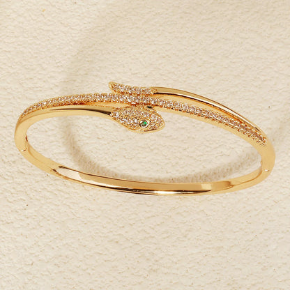 Bracelet Jonc Serpent & Tigre Acier Inoxydable Doré - Zirconia Femme Style Animal