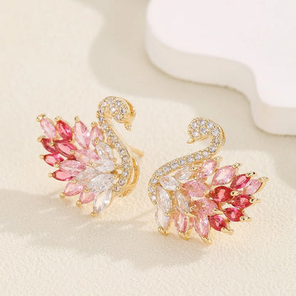Boucles d'oreilles Cygne Colorées Style Déesse Luxe Léger, Zircon Micro-serti, Longues Boucles Tendance et Polyvalentes