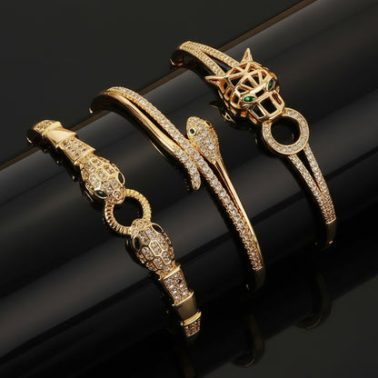 Bracelet Jonc Serpent & Tigre Acier Inoxydable Doré - Zirconia Femme Style Animal