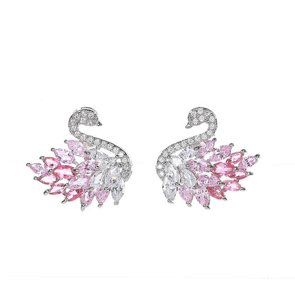 Boucles d'oreilles Cygne Colorées Style Déesse Luxe Léger, Zircon Micro-serti, Longues Boucles Tendance et Polyvalentes