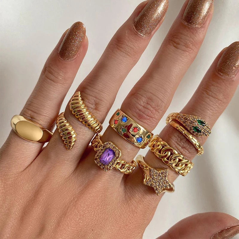 Celestial Stacking Rings Kit Gold Plated Boho Chunky Rings Gold Tone Statement Rings Irregular Thick Chunky Ring Jewelry Gift