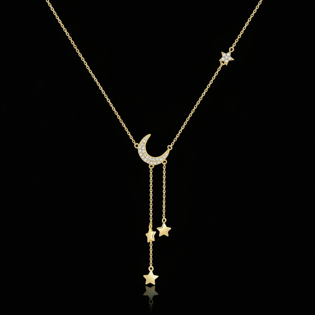 925 Sterling Silver Gold Plated Necklace - Moon and Star Zircon Pendant for Women