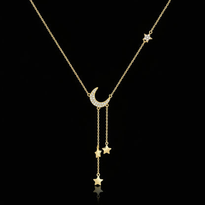 925 Sterling Silver Gold Plated Necklace - Moon and Star Zircon Pendant for Women