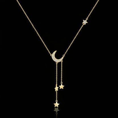 925 Sterling Silver Gold Plated Necklace - Moon and Star Zircon Pendant for Women