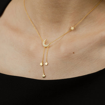 925 Sterling Silver Gold Plated Necklace - Moon and Star Zircon Pendant for Women