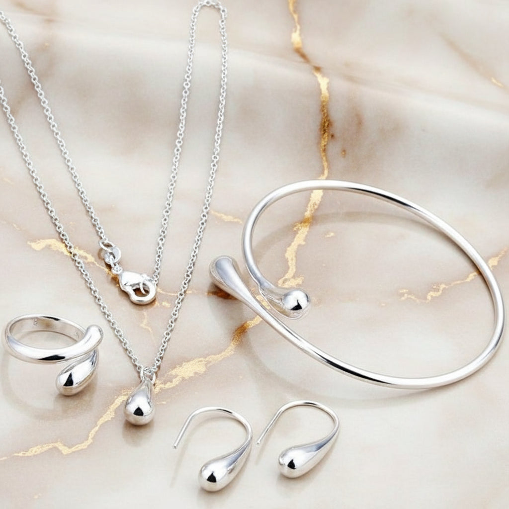 Ensemble Bijoux 4 Pièces Argent 925 Goutte d'Eau - Boucles d'Oreilles Bague Bracelet Collier Femme