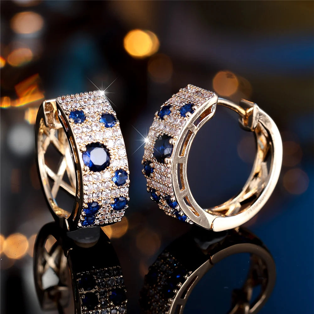 Cute Female White Blue Zircon Stone Round Hoop Earrings Fashion Gold Color Wedding Jewelry For Women