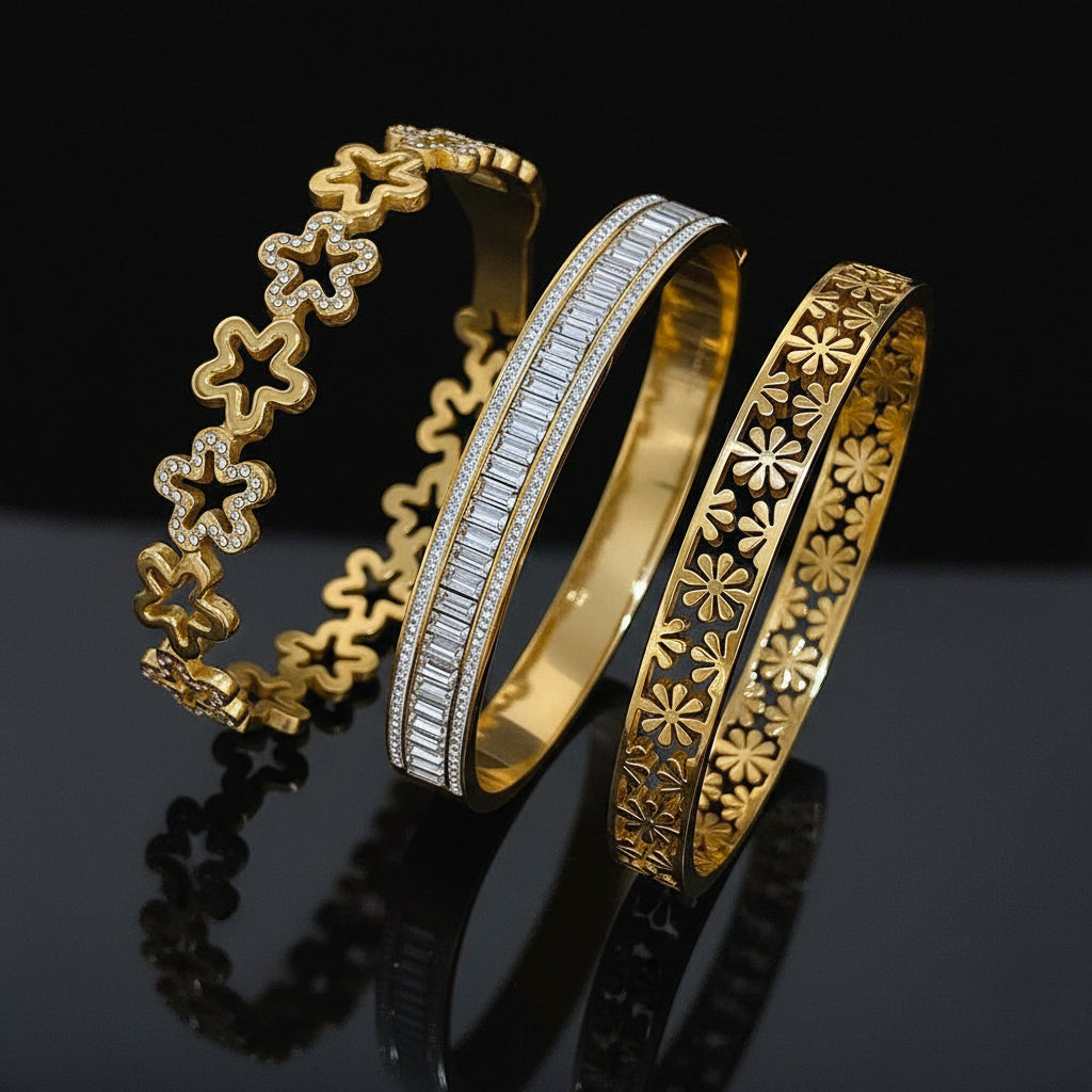 1 Bracelet Manchette Fleur Ajourée Strass Acier Inoxydable - Style Rétro Waterproof Empilable