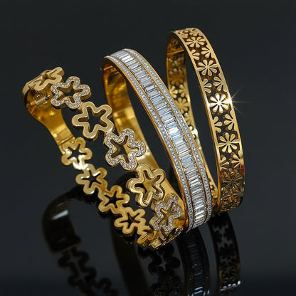 1 Bracelet Manchette Fleur Ajourée Strass Acier Inoxydable - Style Rétro Waterproof Empilable