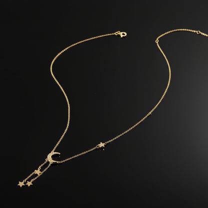 925 Sterling Silver Gold Plated Necklace - Moon and Star Zircon Pendant for Women