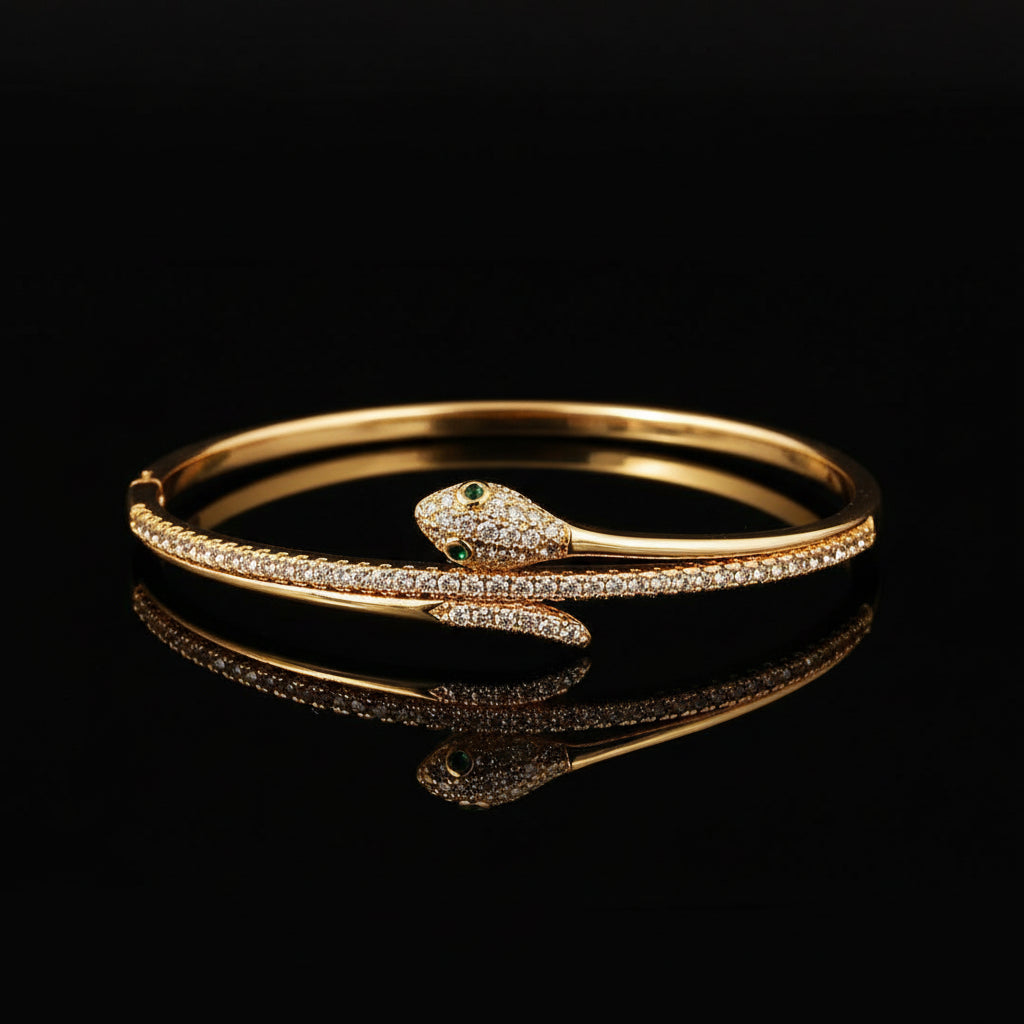 Bracelet Jonc Serpent & Tigre Acier Inoxydable Doré - Zirconia Femme Style Animal