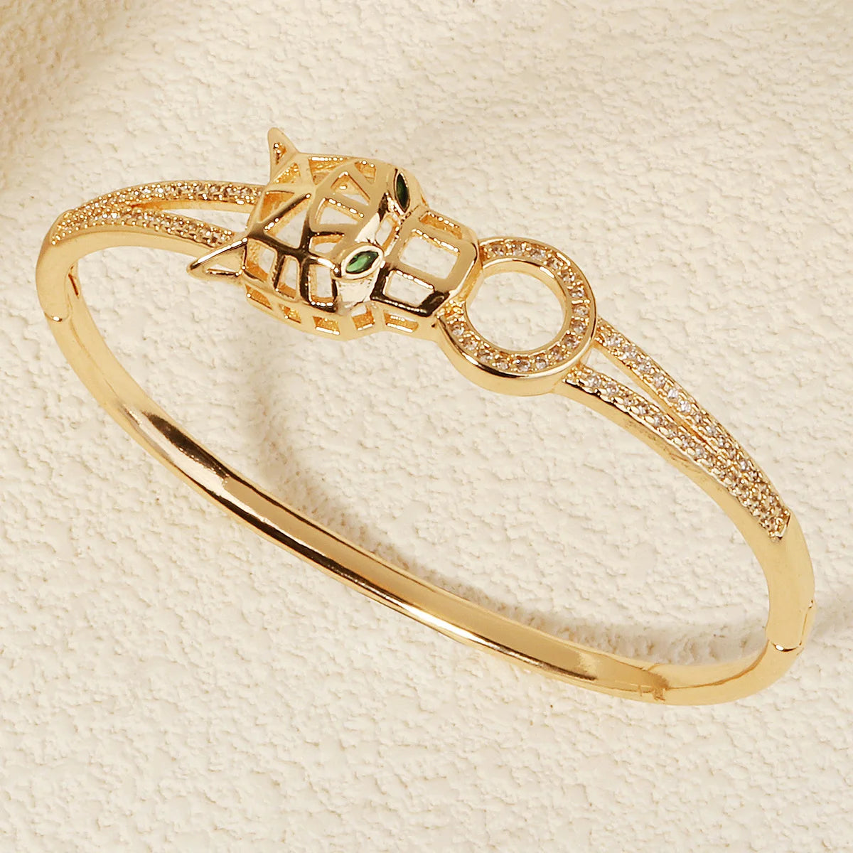 Bracelet Jonc Serpent & Tigre Acier Inoxydable Doré - Zirconia Femme Style Animal