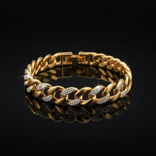 Bracelet Chaîne Trombone Plaqué Or 14K Zircon Cubique - Style Montre Chunky Ajustable