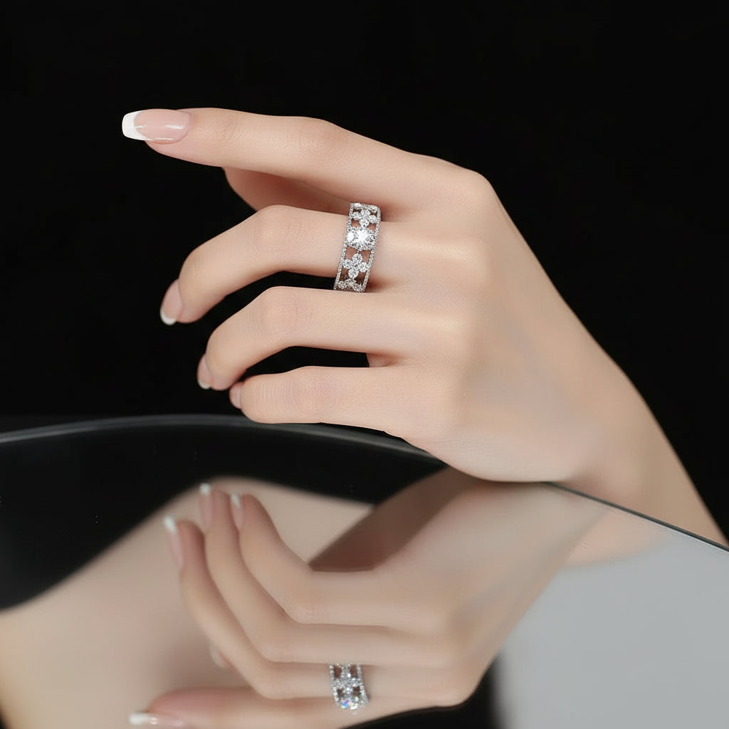 Bague Éternité Trèfle 4 Feuilles Moissanite 1ct - Platine Pt950 Or Blanc 18k