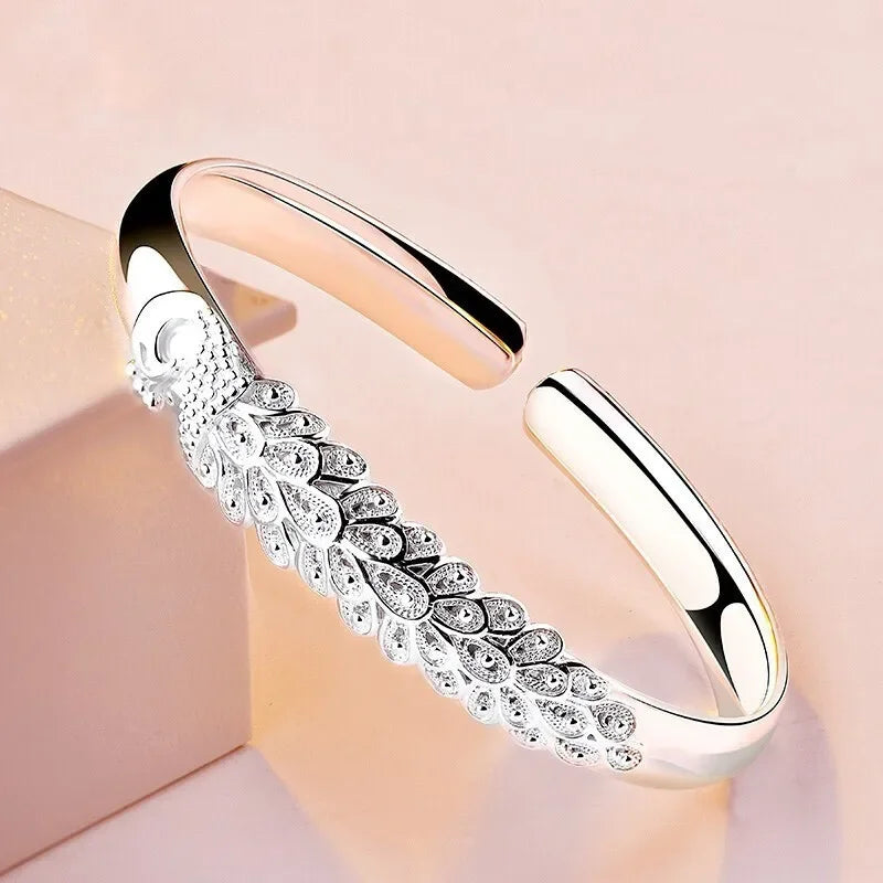 925 Sterling Silver Peacock Opening Screen Bracelet For Women Luxury Designer Texture Open Bracelets Party Original Jewelry Gift un titre