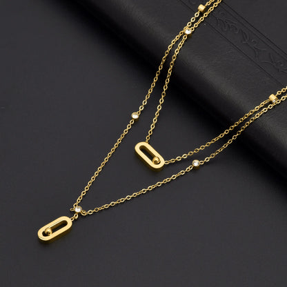 Women's Zircon O-Shaped Pendant Necklace - Gold Plated Paperclip Chain