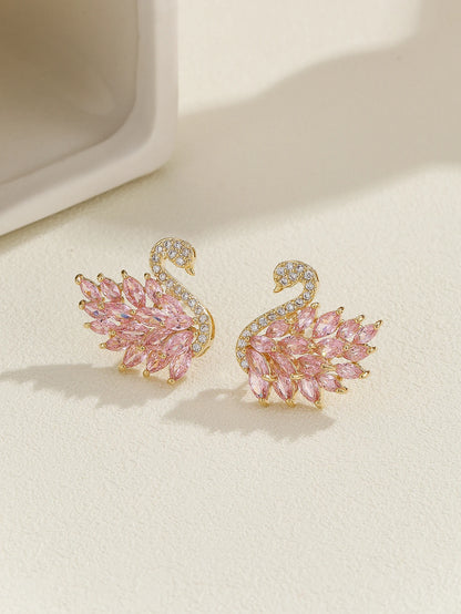 Boucles d'oreilles Cygne Colorées Style Déesse Luxe Léger, Zircon Micro-serti, Longues Boucles Tendance et Polyvalentes