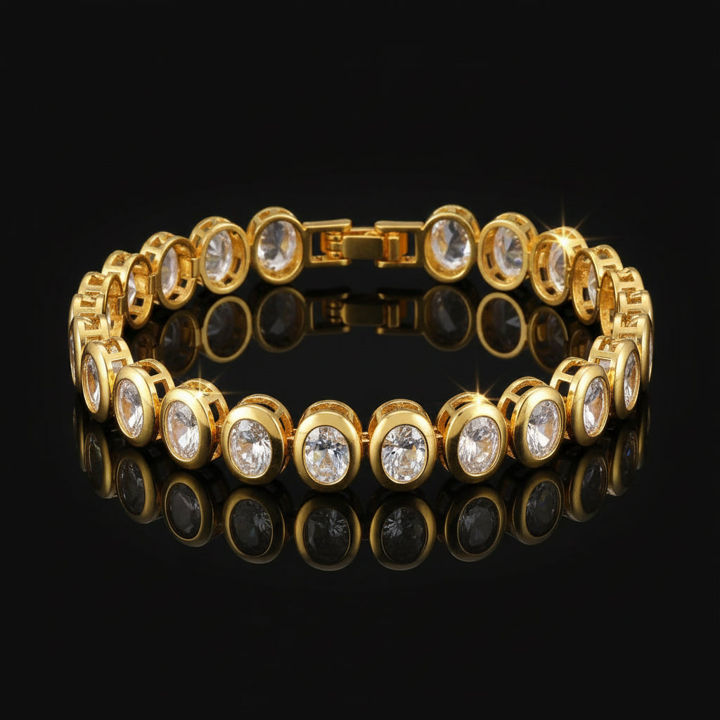 Bracelet Chaîne Trombone Plaqué Or 14K Zircon Cubique - Style Montre Chunky Ajustable