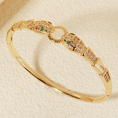 Bracelet Jonc Serpent & Tigre Acier Inoxydable Doré - Zirconia Femme Style Animal