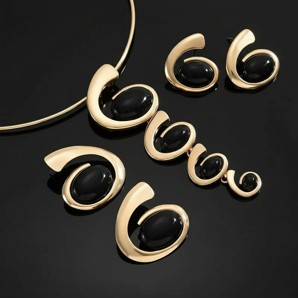 Luxury Women's Jewelry Set - Black Rhinestone Choker Necklace and Ear Cuff