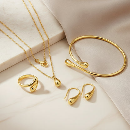 Ensemble Bijoux 4 Pièces Argent 925 Goutte d'Eau - Boucles d'Oreilles Bague Bracelet Collier Femme