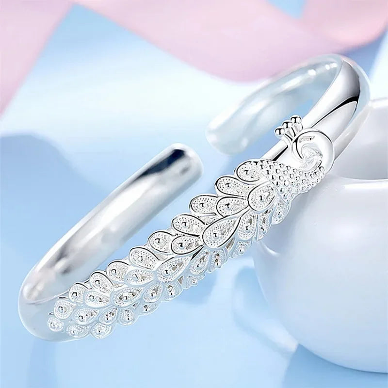 925 Sterling Silver Peacock Opening Screen Bracelet For Women Luxury Designer Texture Open Bracelets Party Original Jewelry Gift un titre