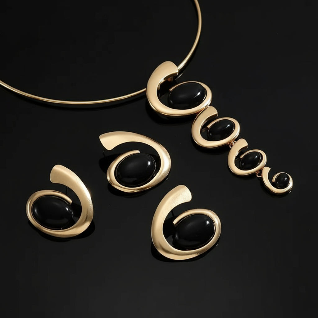 Luxury Women's Jewelry Set - Black Rhinestone Choker Necklace and Ear Cuff