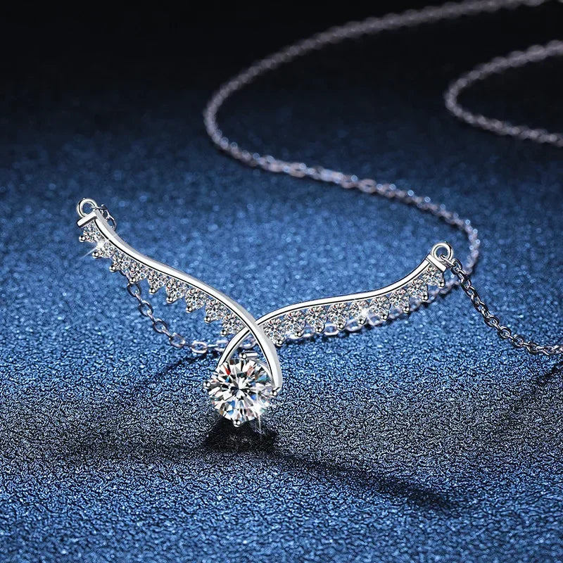 925 Sterling Silver Angel Wings Necklace - Moissanite Pendant for Women