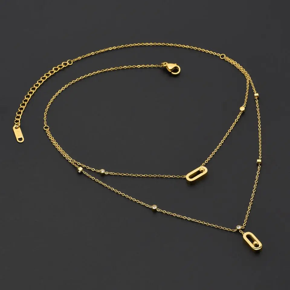 Women's Zircon O-Shaped Pendant Necklace - Gold Plated Paperclip Chain