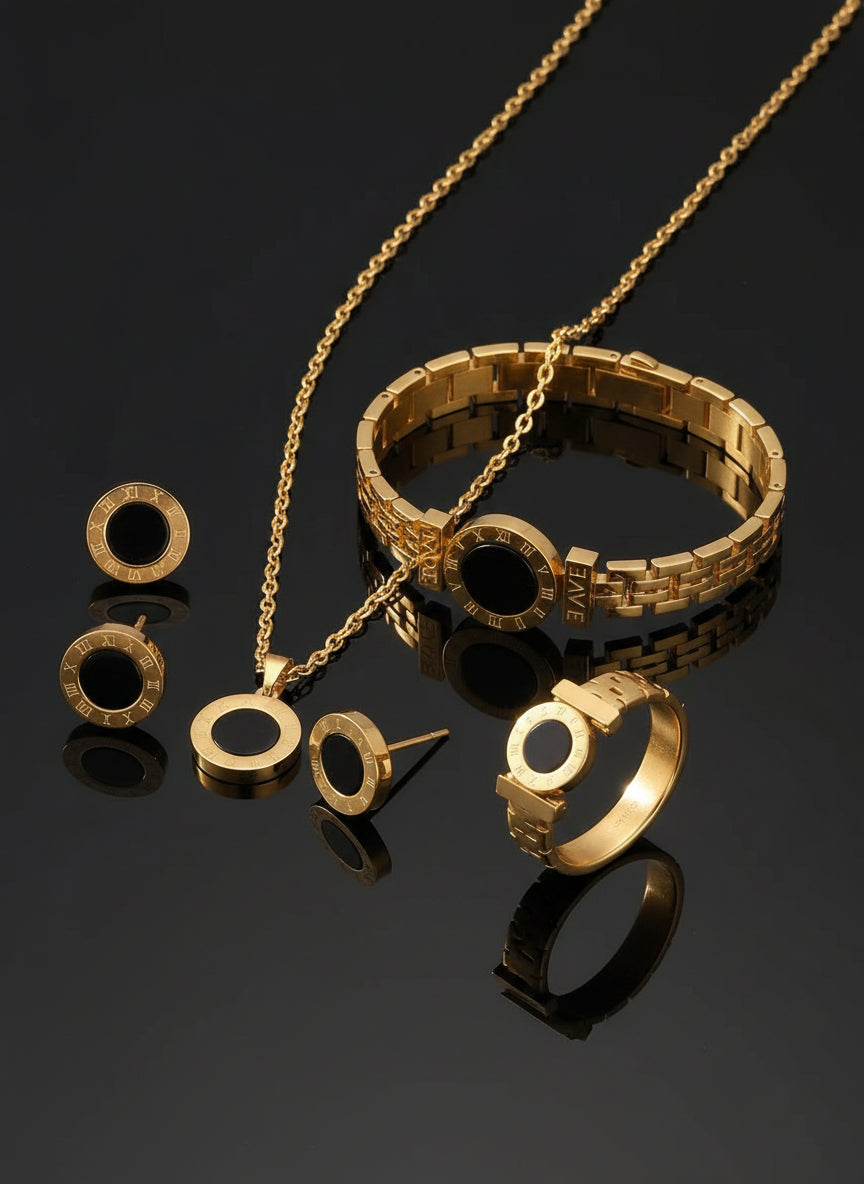 Ensemble Chiffres Romains - Collier Bracelet Bague Puces Acier Titane Minimaliste